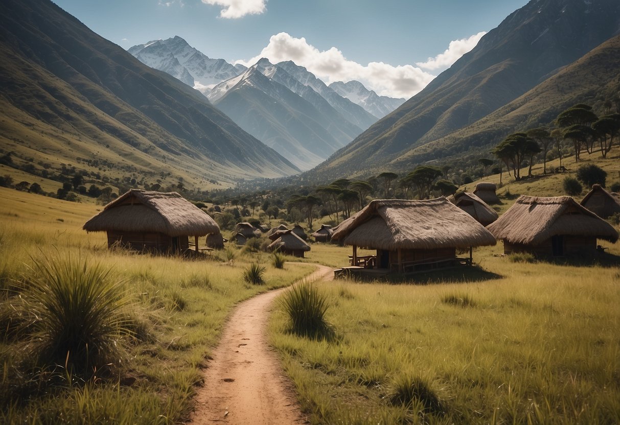 Vibrant African landscapes with traditional huts and wildlife, surrounded by snow-covered mountains and forests. Ski trails weave through the scenery, showcasing the unique blend of local culture and natural beauty