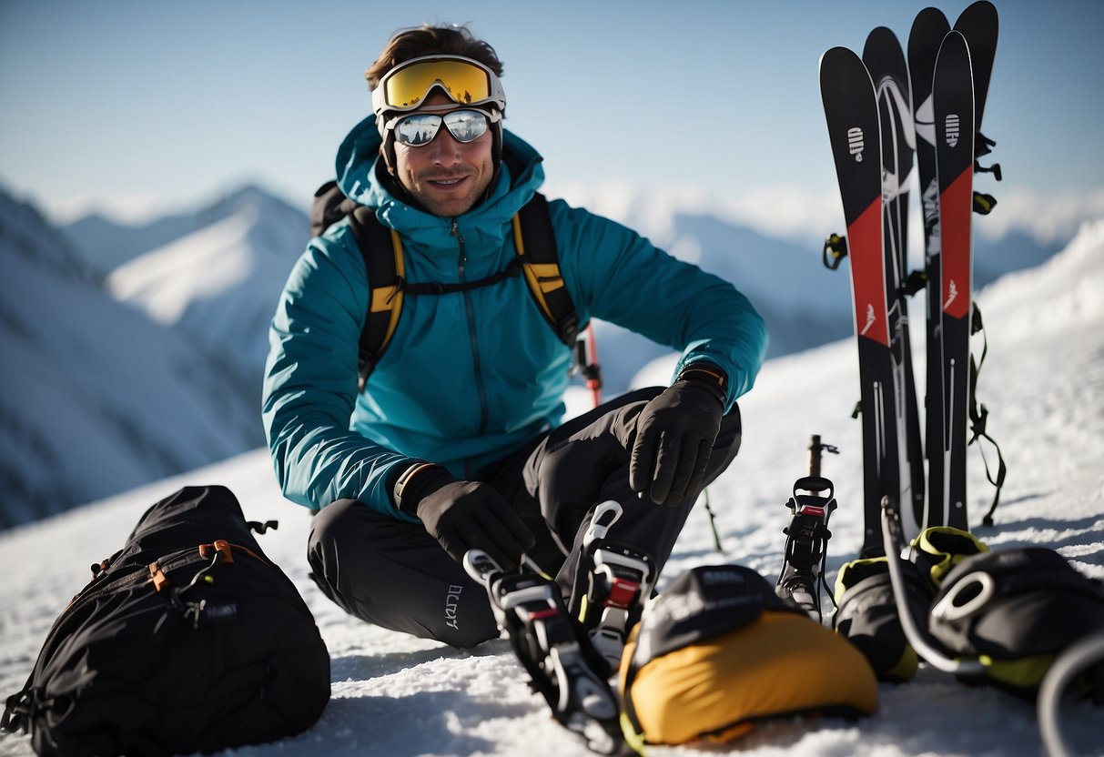 A skier packs light: skis, poles, boots, and minimal gear. They use lightweight clothing and equipment, opting for compact, multi-purpose items