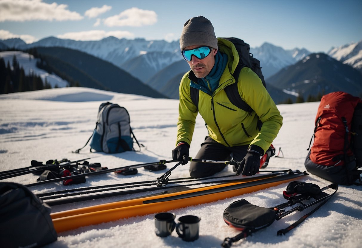 A cross country skier selecting lightweight, versatile gear for a trip. Items include collapsible poles, compact stove, and minimalist clothing