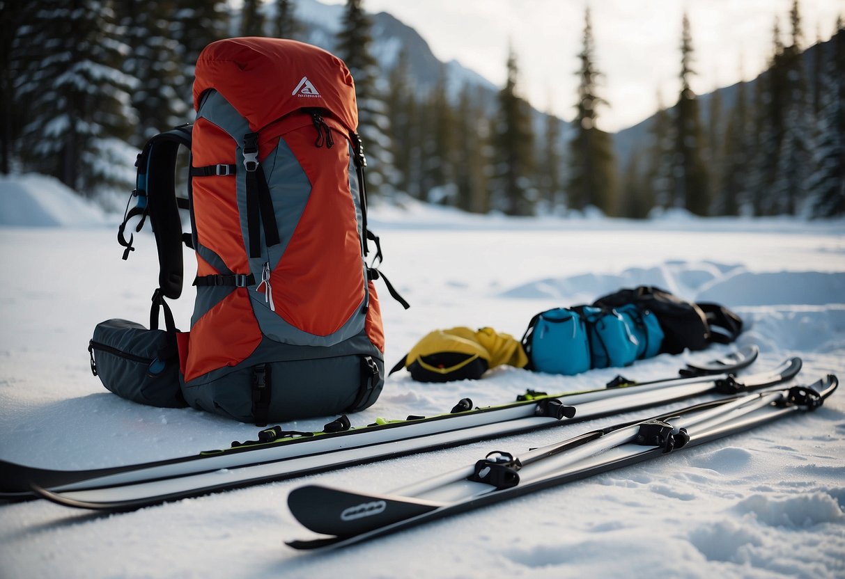 Cross country skis, poles, and lightweight clothing laid out on a snow-covered trail. Backpack with minimal gear next to them