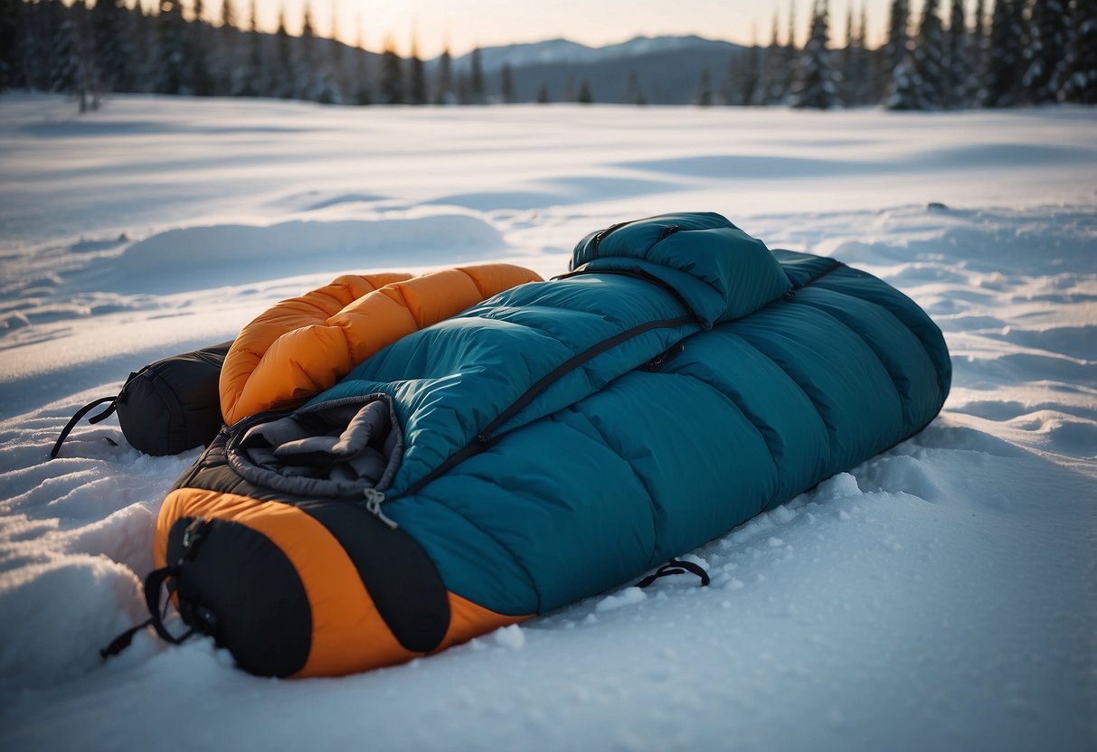 A compact sleeping bag lies next to lightweight ski gear in a snowy wilderness setting. The bag is neatly packed, reducing overall pack weight for a cross-country skiing trip