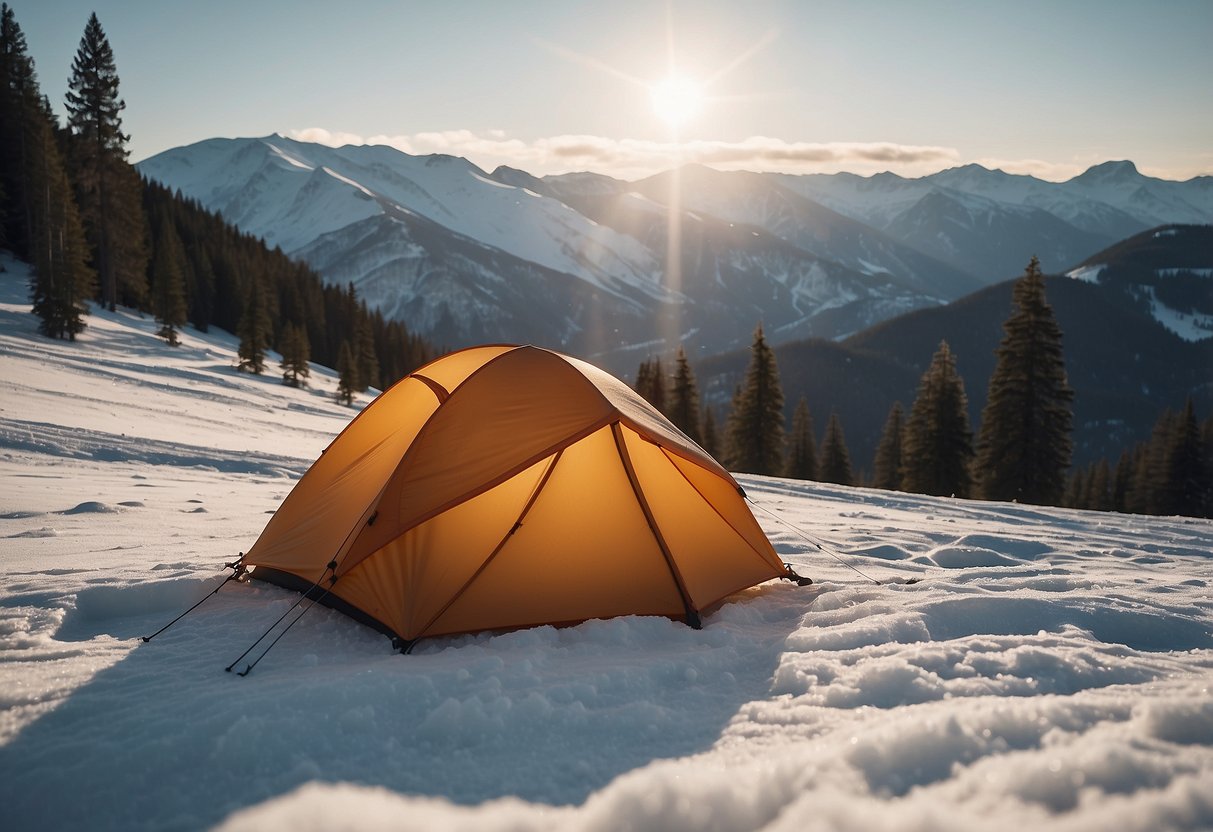 A bright, spacious tent stands on a snowy mountain slope. Its lightweight, durable fabric flaps gently in the wind, surrounded by cross country skiing gear