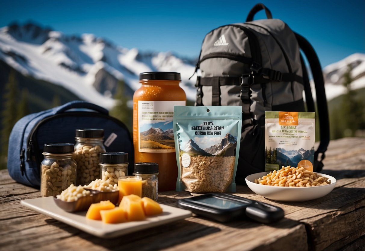 A pile of freeze-dried meals next to a backpack with ski poles, map, and water bottle. A list of "7 Tips for Reducing Pack Weight" is displayed nearby