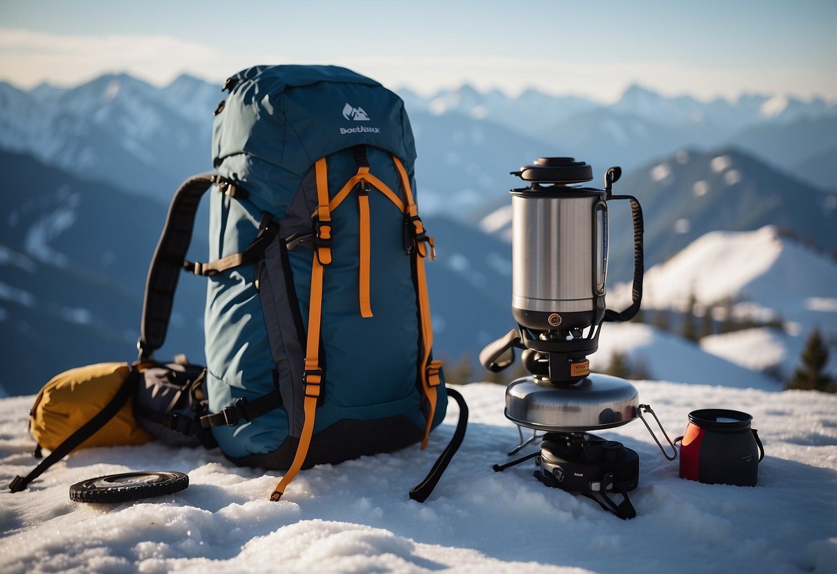 A lightweight stove sits atop a backpack, surrounded by compact gear for cross country skiing. Snow-covered mountains loom in the background