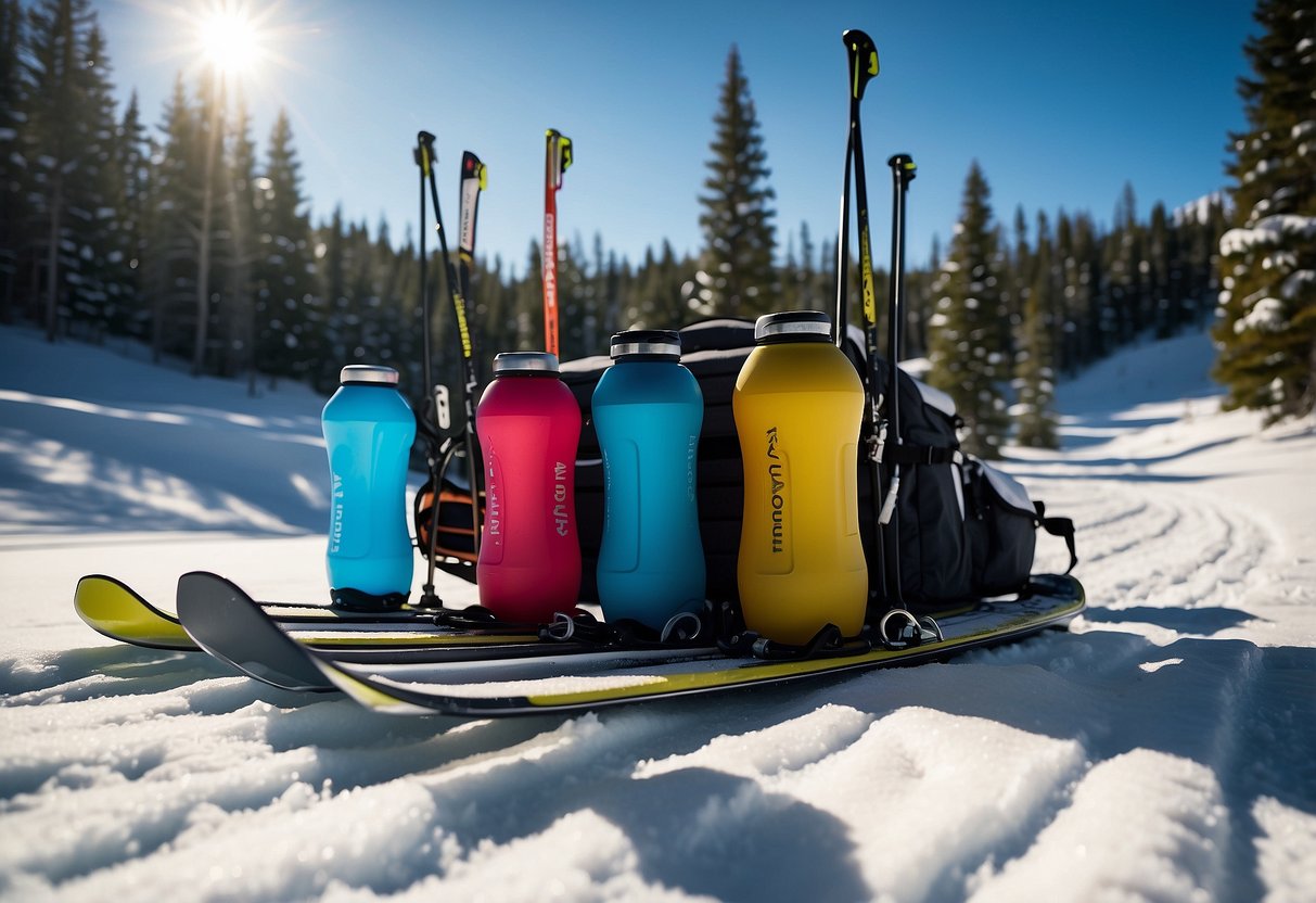 Skis arranged by a snowy trail, surrounded by pine trees and a clear blue sky. A cooler sits open, filled with drinks and snacks for a cross-country skiing adventure