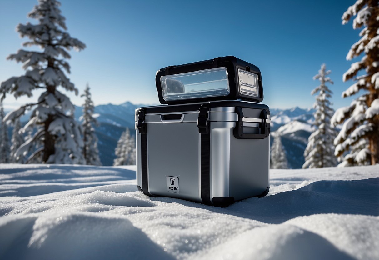 A snowy mountain landscape with a sleek, modern cooler nestled among cross country skis and gear. Snow-covered trees and a clear blue sky complete the scene