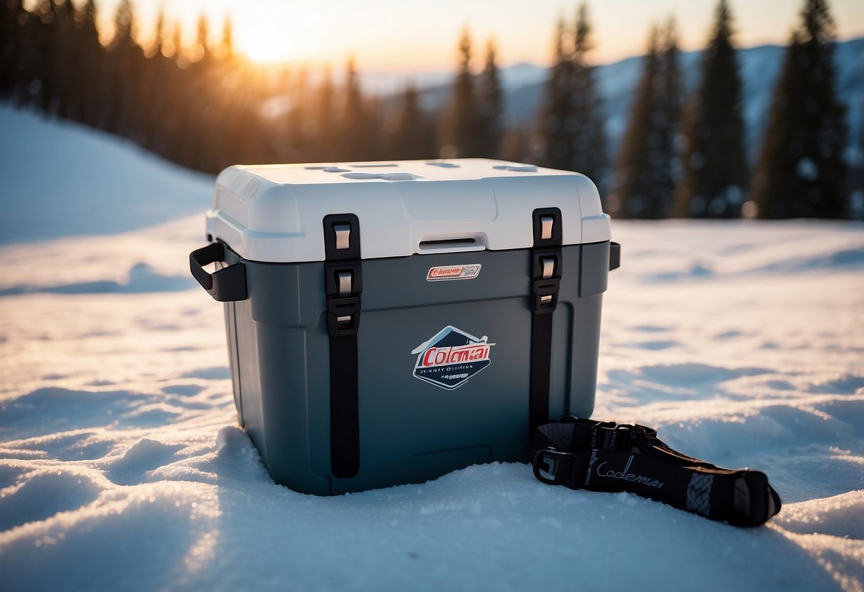 A Coleman Xtreme Portable Cooler sits atop a snowy cross country skiing trail, surrounded by pristine winter scenery and a pair of ski poles