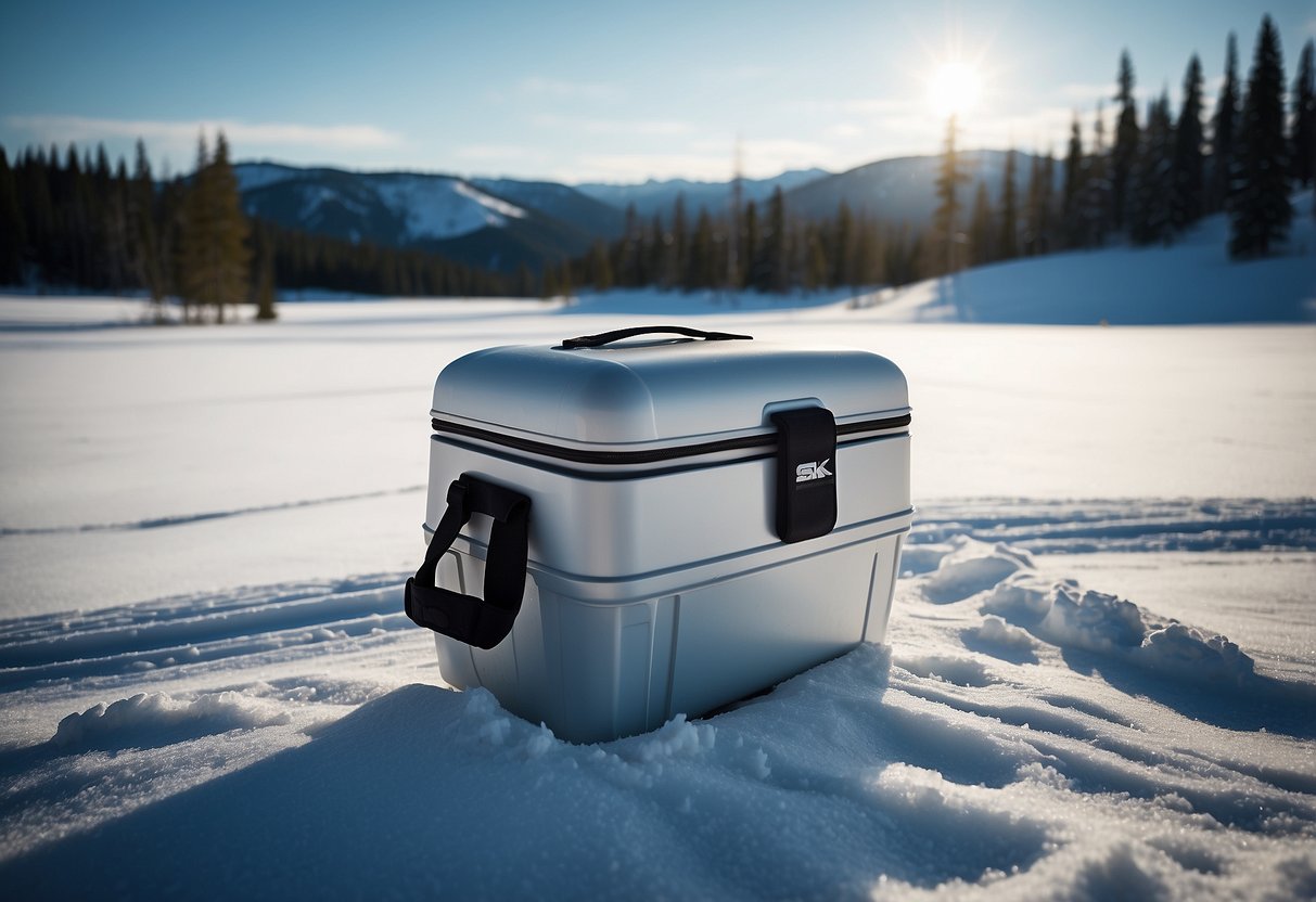 A snowy landscape with a sleek Igloo MaxCold Cooler surrounded by cross country skiing gear and a trail of ski tracks leading into the distance