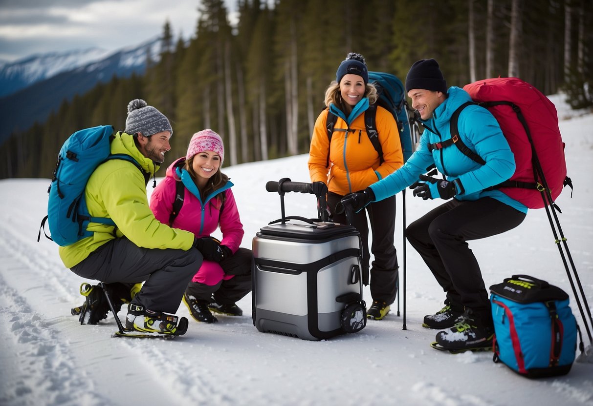 A group of skiers gather around a durable, insulated cooler, equipped with secure straps for easy transport. The cooler features a sleek design and spacious interior, perfect for storing snacks and beverages during cross country skiing adventures