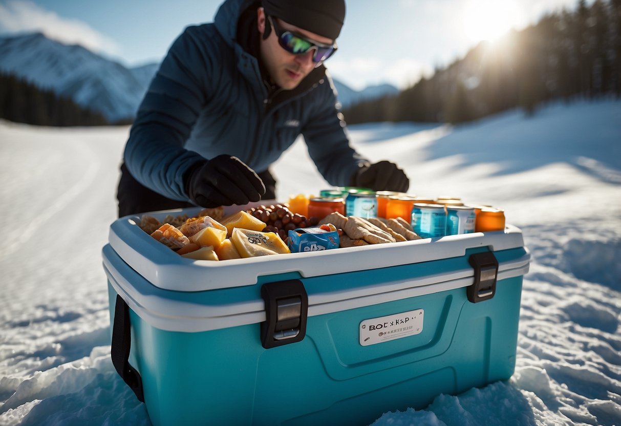 A skier opens a high-quality cooler filled with snacks and drinks at the base of a cross country skiing trail. The cooler is durable and insulated, keeping everything inside cold and fresh for a day on the slopes