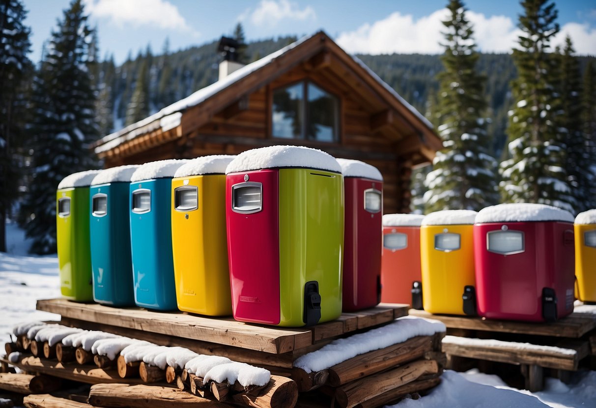 A snowy mountain landscape with a row of colorful ski coolers lined up against a wooden cabin, surrounded by pine trees and a clear blue sky