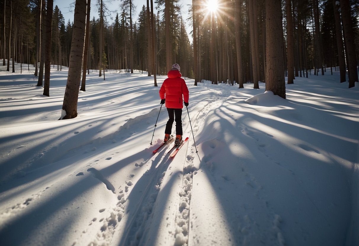 A skier glides through a snowy forest, following a trail marked with red and white markers. They carry poles and wear layers of warm clothing. The sun shines through the trees, casting long shadows on the pristine snow