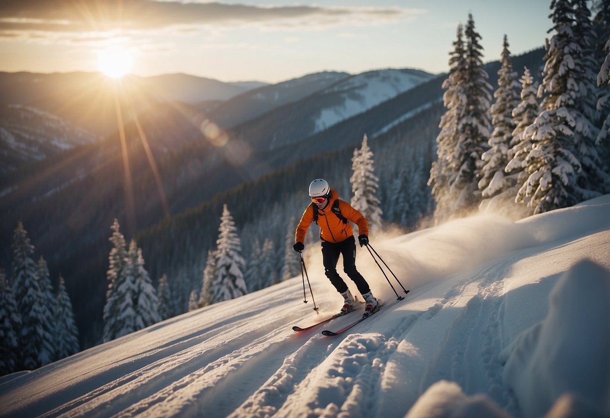 A skier glides through a snowy forest, tackling steep hills and winding trails. The sun sets in the distance as they push themselves to build endurance for their upcoming cross country skiing trip