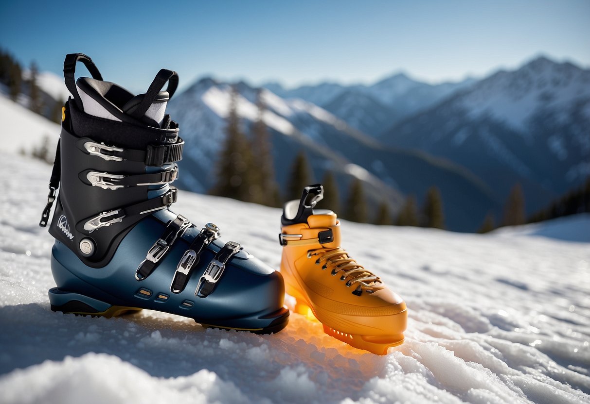 A water bottle placed next to a pair of ski boots, with a snowy mountain landscape in the background