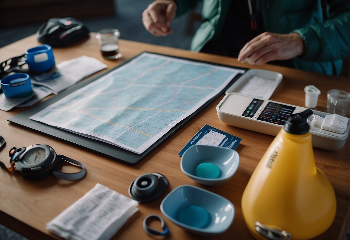 A person laying out ski gear, checking weather forecast, stretching, and visualizing the route. Water bottle, trail map, and ski wax are laid out on a table