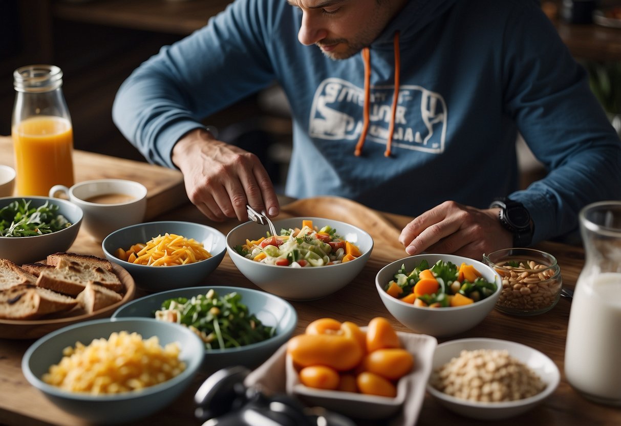 A skier preparing a balanced meal with a water bottle nearby, surrounded by healthy food options and a map of cross country ski trails