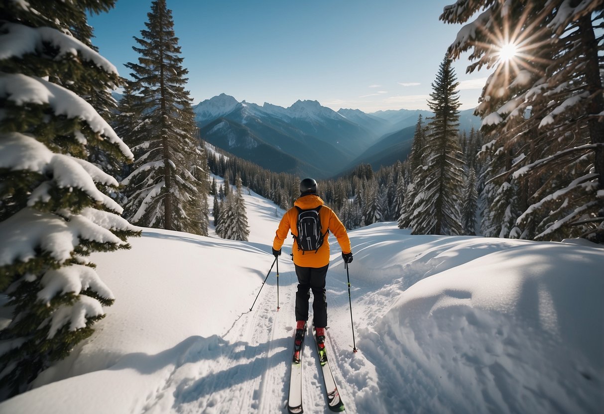 A skier stands on a snowy mountain, surrounded by tall pine trees. They take deep breaths, acclimatizing to the high altitude before hitting the cross country skiing trails