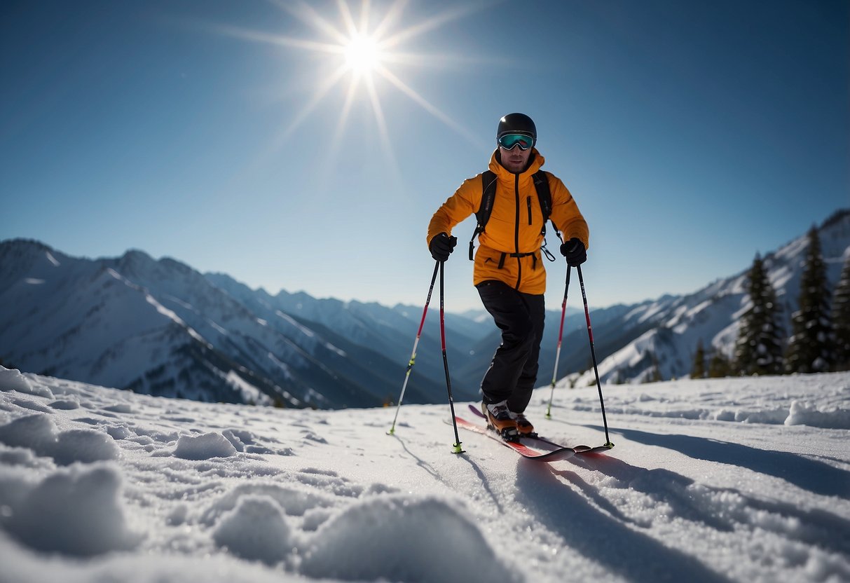 Snow-covered mountain range, with a cross country skier ascending a steep slope. No signs of alcohol or caffeine consumption