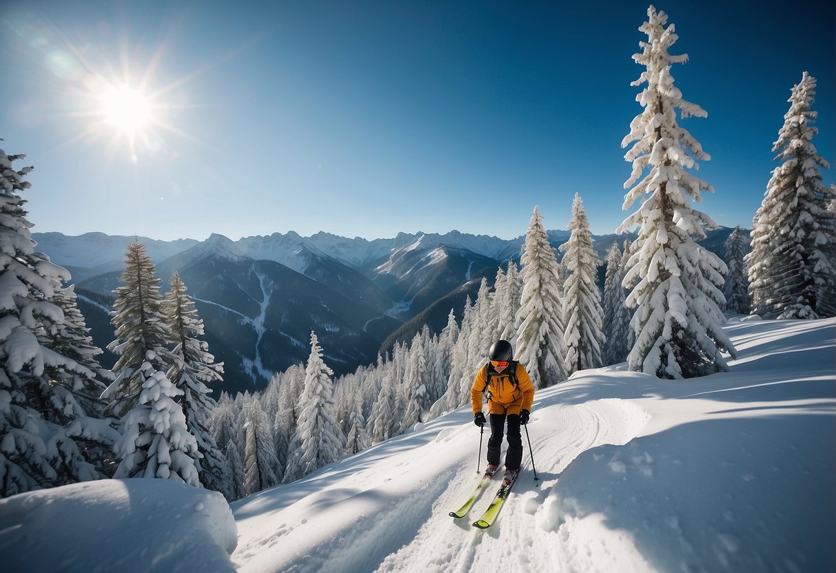 Snow-covered mountains rise in the distance. A skier climbs a gentle slope, surrounded by pine trees and a clear blue sky