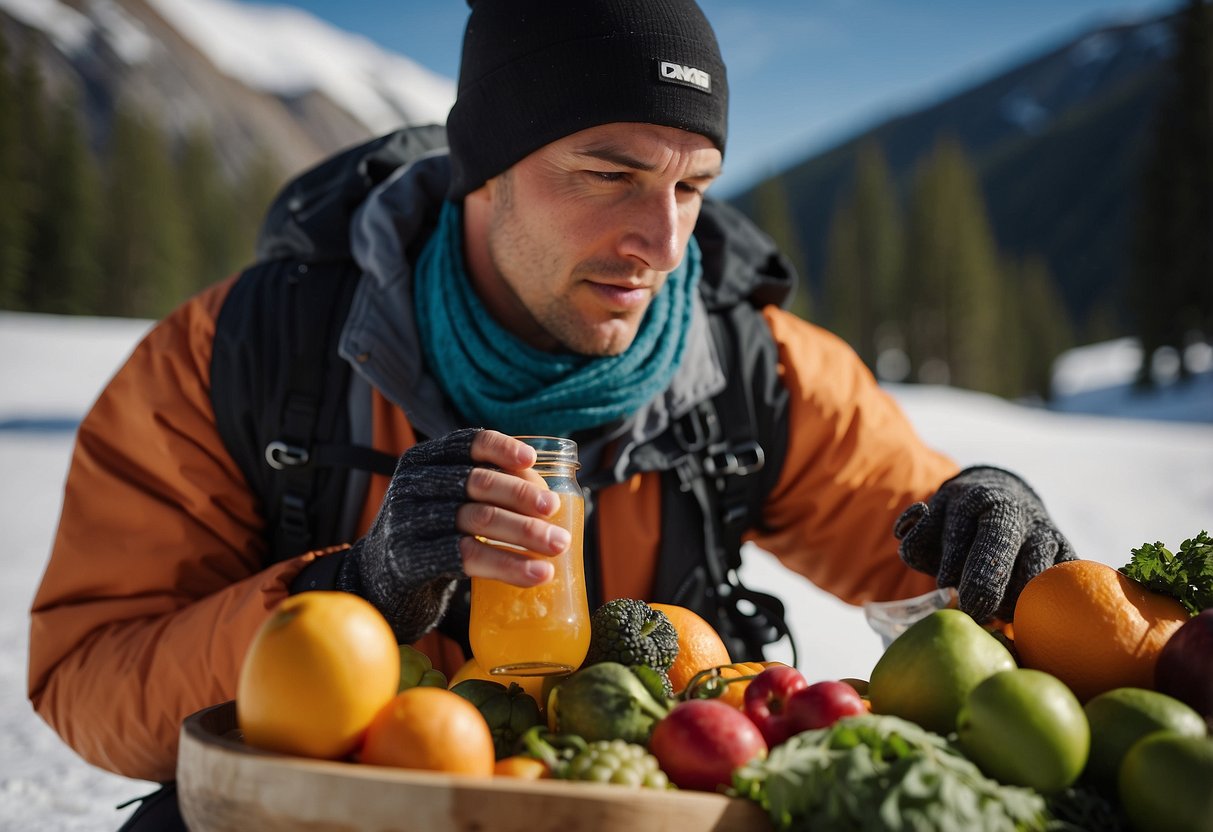 A skier eats a variety of fruits, vegetables, and proteins. They drink plenty of water and avoid alcohol to prevent altitude sickness