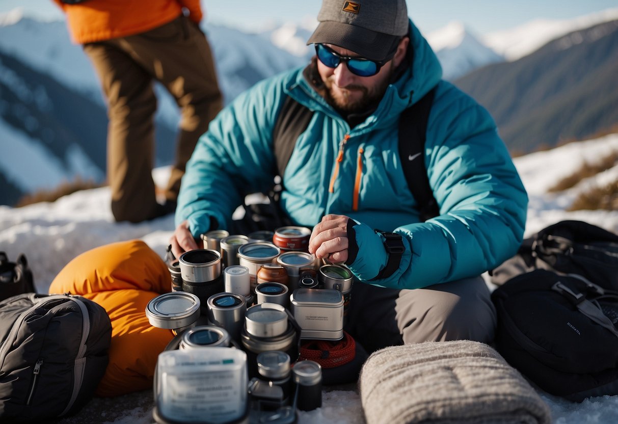 A person gathers supplies for a ski trip, packing warm clothes, ski equipment, and altitude sickness remedies