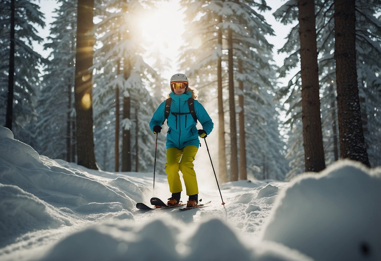 A skier glides through a snowy forest, wearing lightweight rain gear. The sun peeks through the clouds, casting a soft glow on the glistening snow