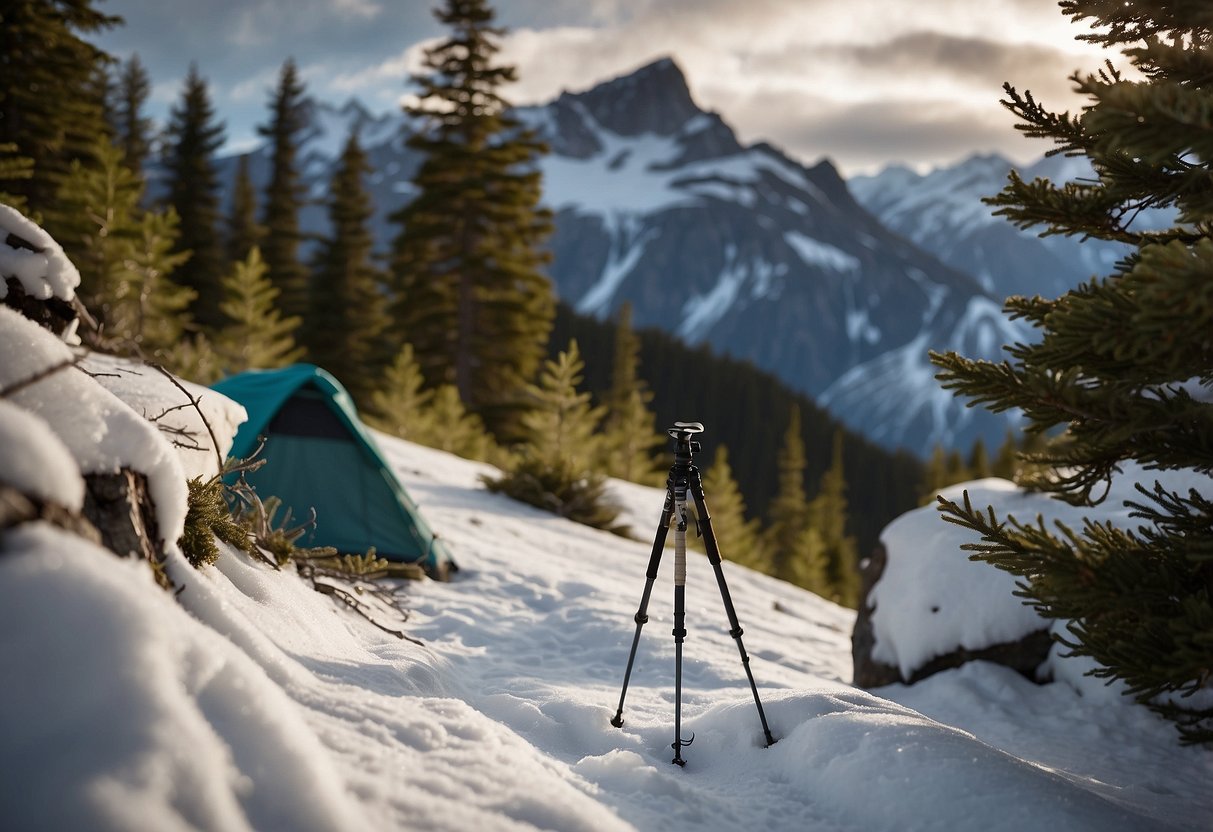 A snowy mountain landscape with a lone ski pole leaning against a tree, with the Patagonia Men's Torrentshell 3L Jacket featured prominently in the foreground