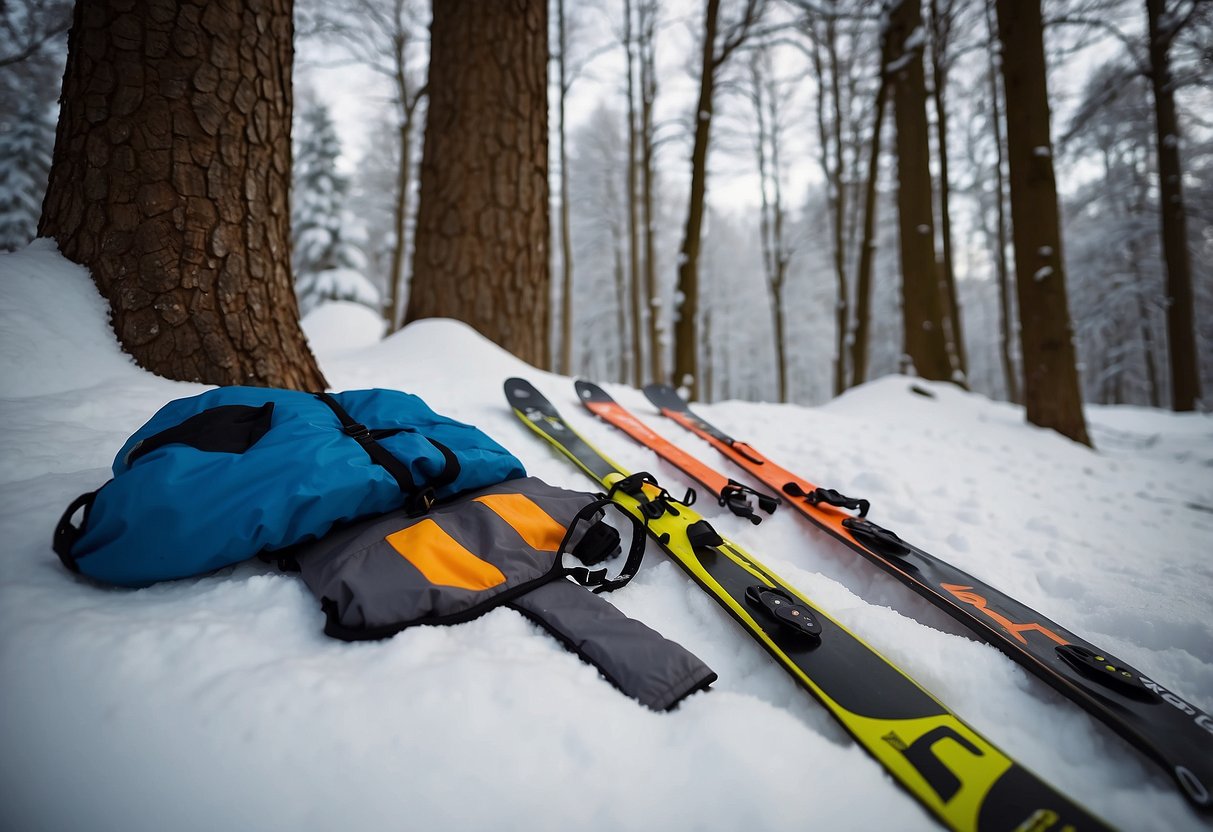 A snowy landscape with skis propped up against a tree, showcasing lightweight rain gear. The gear includes a waterproof jacket, pants, and gloves, all designed for cross country skiing