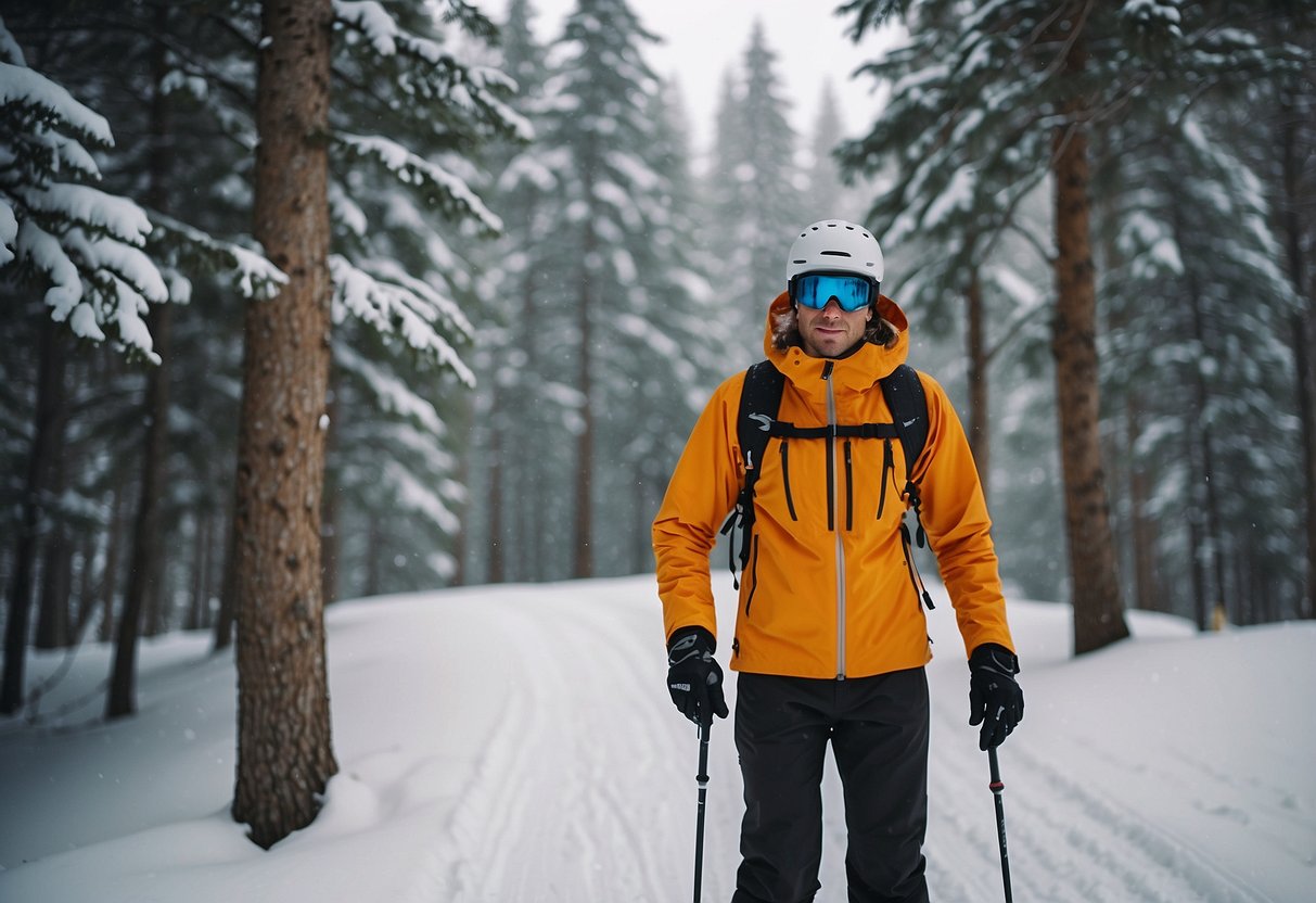 A skier stands in a snowy landscape, surrounded by trees. They are wearing lightweight rain gear, including a waterproof jacket, pants, gloves, and boots. The gear is designed for cross country skiing, with a focus on durability and mobility