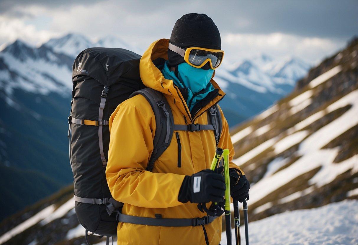 A skier packs lightweight rain gear in a backpack, next to skis and poles. Snow-covered mountains loom in the background