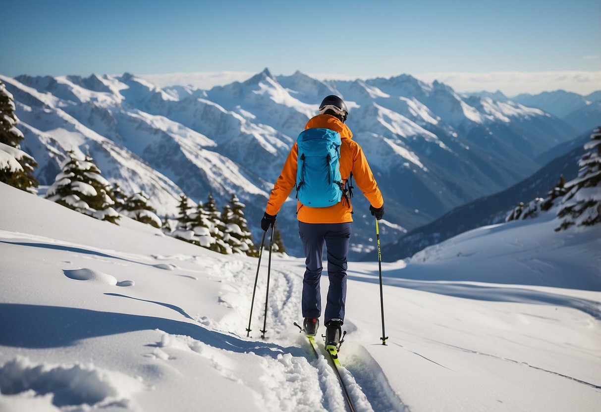 A snowy landscape with a clear, blue sky. A skier glides through the pristine snow, carrying a sleek, lightweight cross country skiing pack