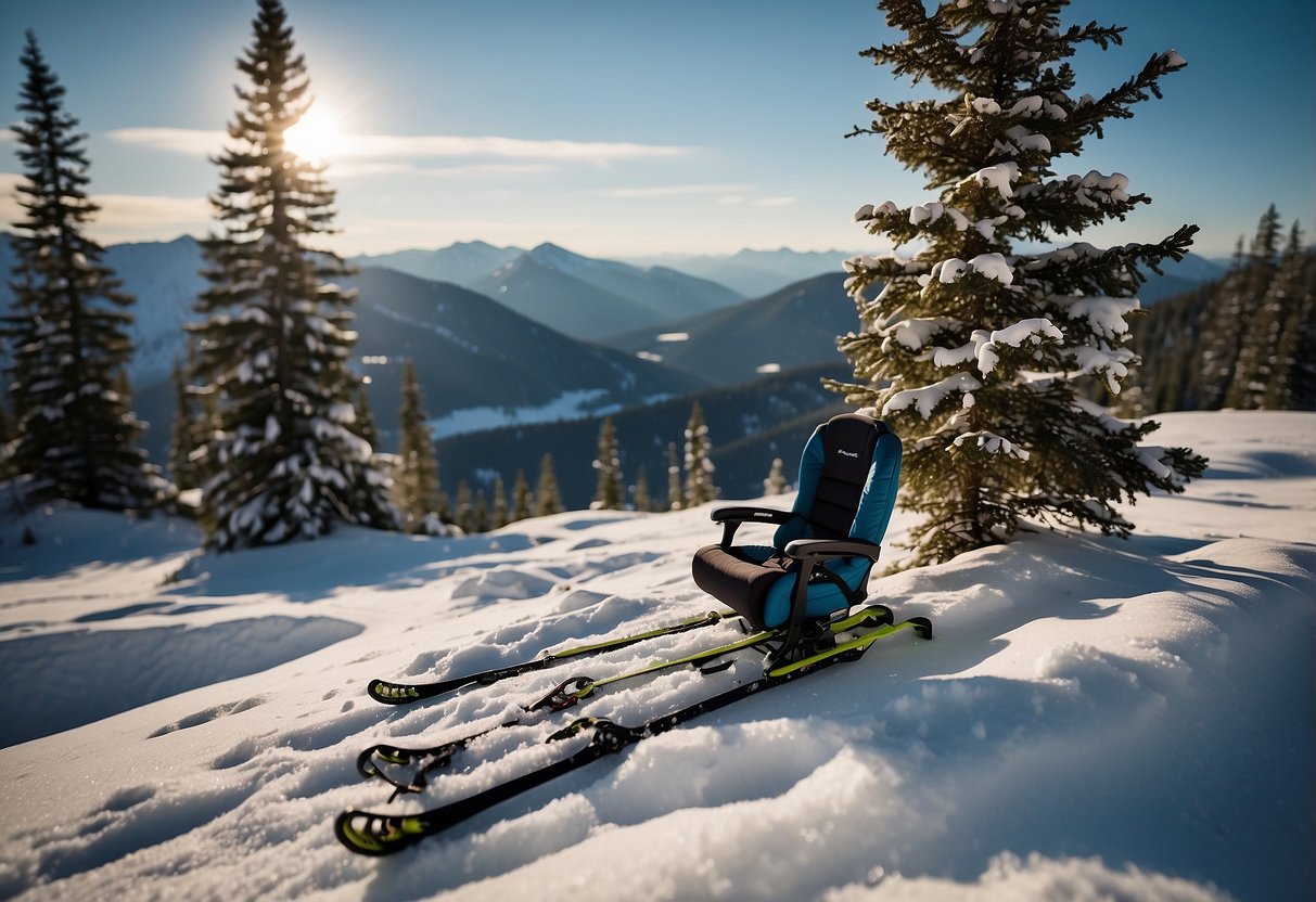 A snow-covered mountain slope with a lone Osprey Talon 22 pack resting against a tree, with cross country skis propped up nearby