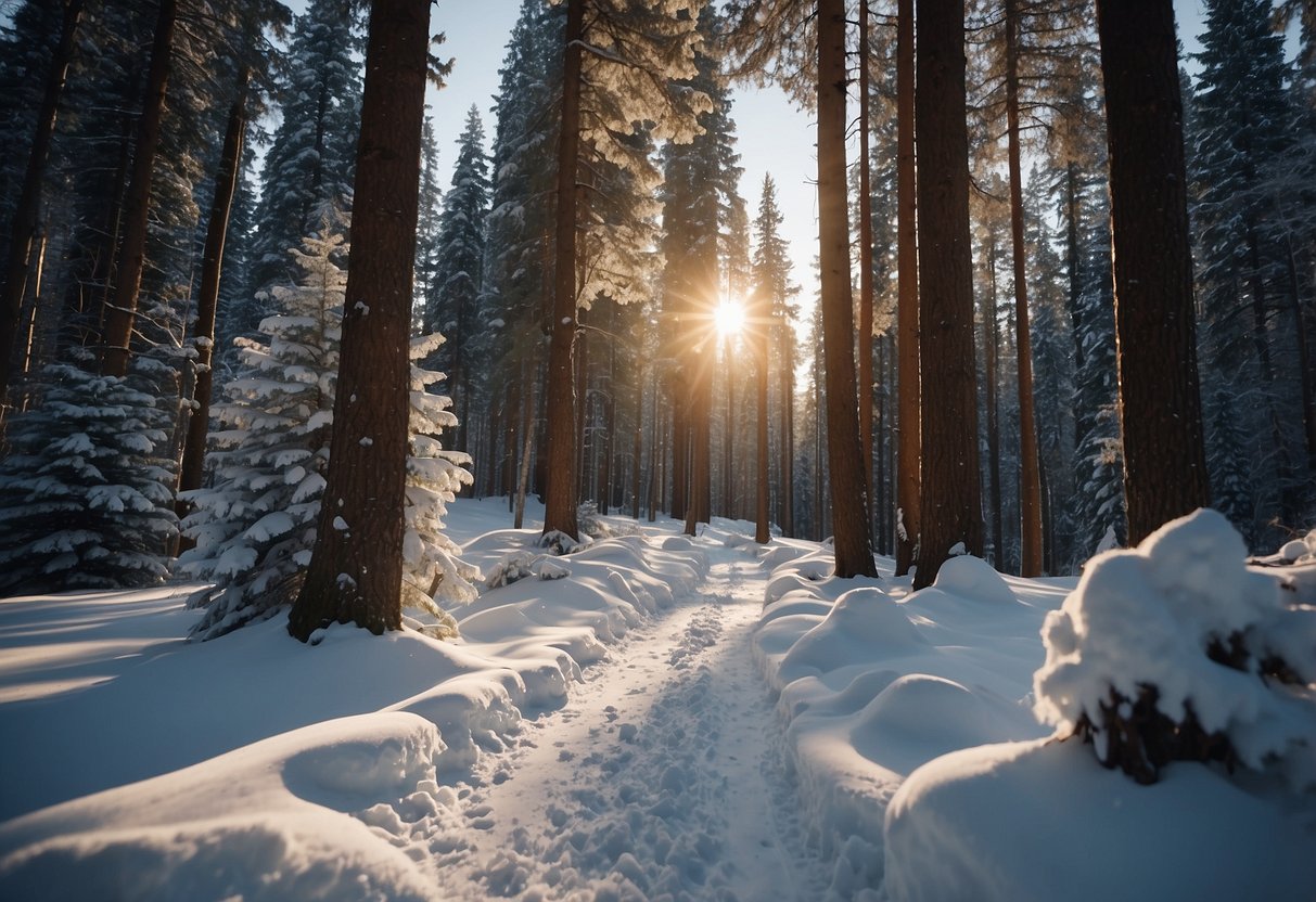 A snowy forest with a winding trail, featuring a Salomon Trailblazer 30 pack surrounded by cross country skiing gear