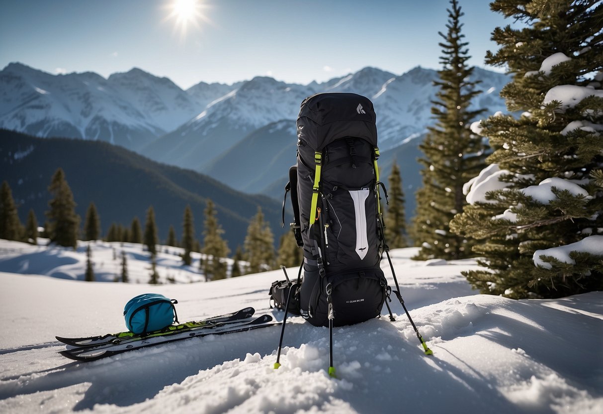 A snowy mountain landscape with a lone ski pack resting against a tree, the Black Diamond Speed 22, showcasing its lightweight design and cross country skiing functionality