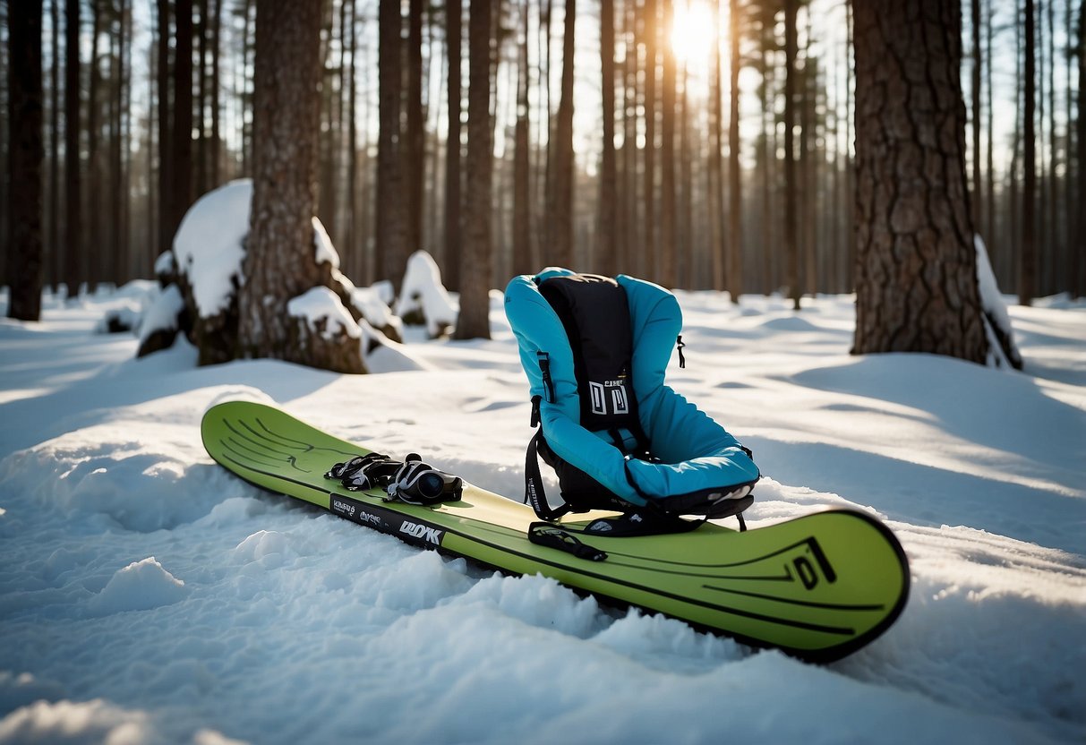 A snowy forest clearing with a lone Deuter Speed Lite 20 pack resting against a tree, surrounded by cross country ski tracks