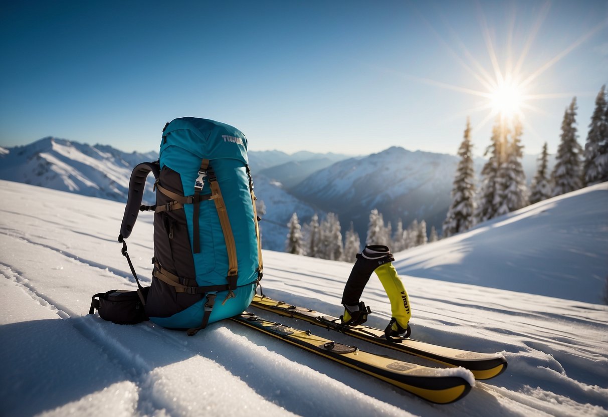 A Thule Stir 25L pack sits against a snowy backdrop, with cross country skis leaning against it. The sun shines on the landscape, creating a serene and inviting atmosphere