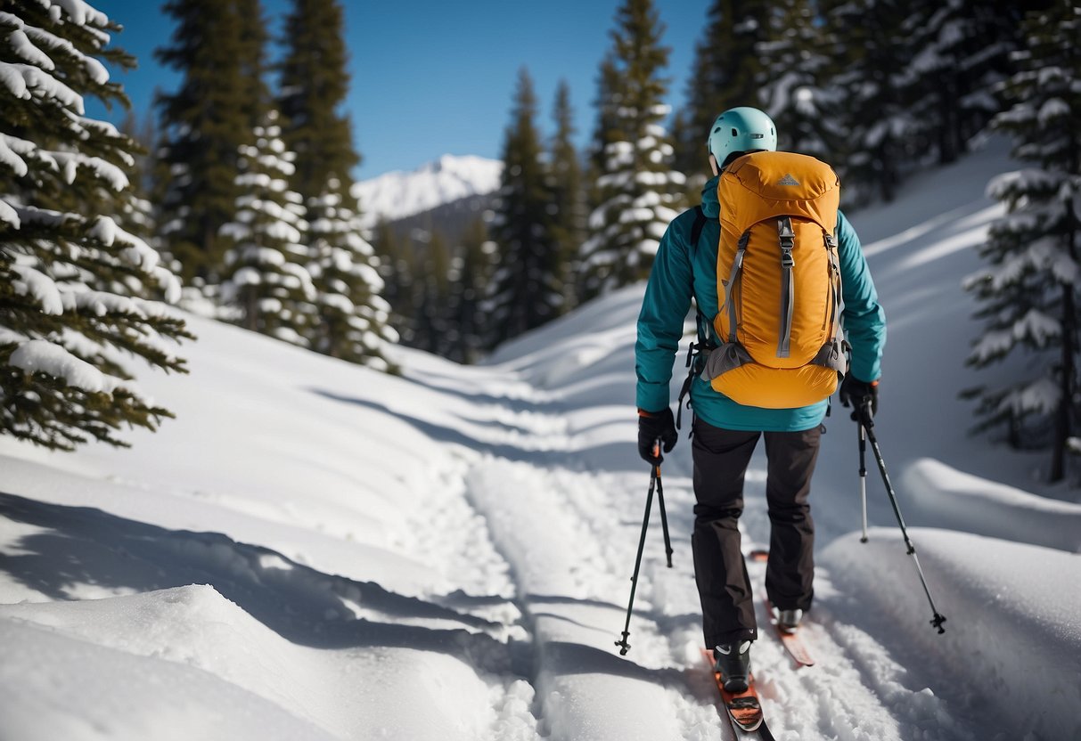 A snowy mountain trail with a skier's backpack, featuring the REI Co-op Trail 25, surrounded by cross country skiing gear and snow-covered trees