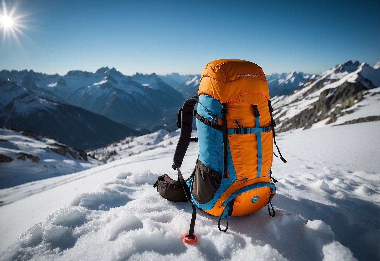 A snowy mountain landscape with a Mammut Trion Nordwand 20 backpack, cross country skis, and poles against a backdrop of clear blue skies