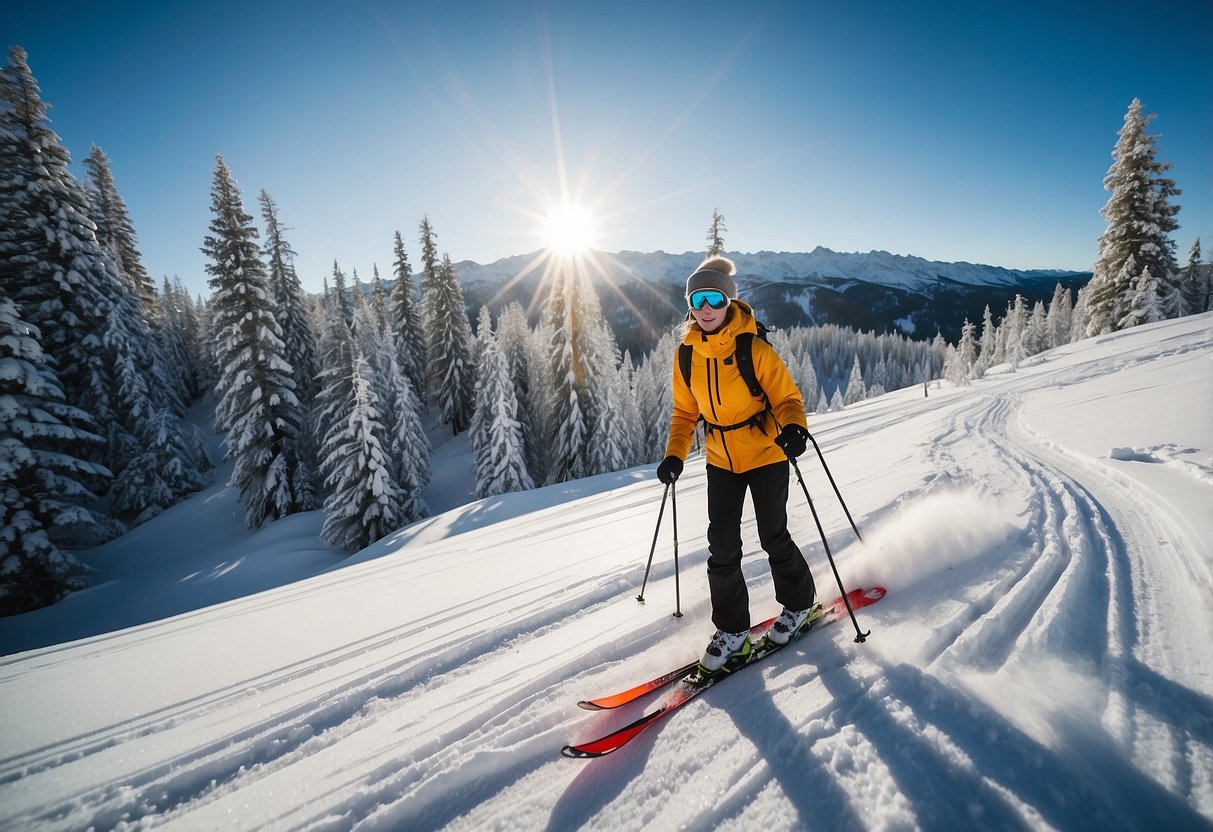 A bright, snowy landscape with a clear blue sky. A skier wearing a lightweight pack glides effortlessly through the pristine terrain, surrounded by tall trees and rolling hills