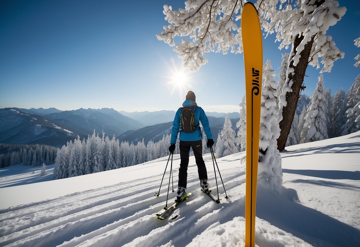 A snowy mountain landscape with a skier selecting from 10 lightweight cross country skiing packs. Snow-covered trees and a clear blue sky in the background