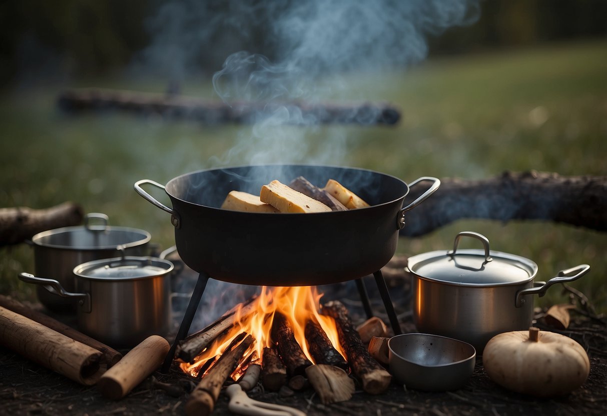 A campfire with a pot hanging over it, surrounded by various cooking utensils and ingredients laid out on a flat surface. Smoke rises from the fire, and a beautiful natural backdrop is visible in the distance