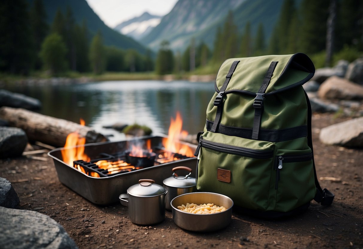 A backpack with lightweight pots and cooking utensils arranged on a campfire. Surrounding area shows a scenic trail with trees and mountains in the background