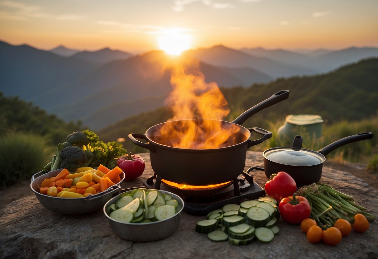 A camp stove sits on a flat rock, surrounded by pre-cut vegetables, a pot, and a spatula. The sun sets behind distant mountains, casting a warm glow on the scene