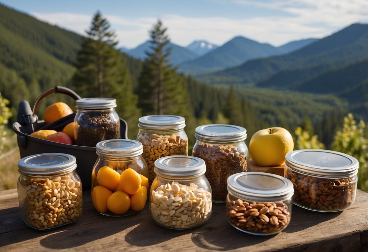 Various food items are being placed into Ziploc bags, including fruits, nuts, and granola. A portable stove and cooking utensils are set up nearby. The backdrop is a scenic trail with trees and mountains in the distance