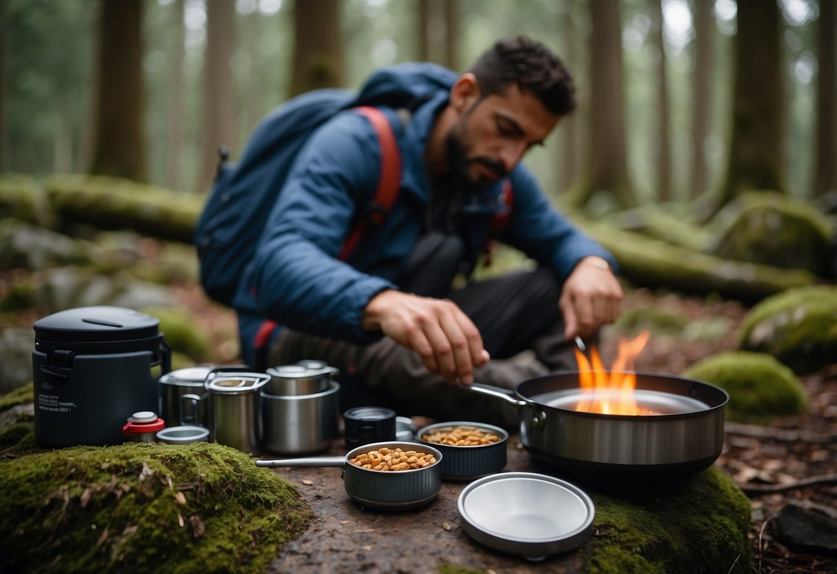 A backpacker lays out a compact stove, lightweight cookware, and dehydrated food packets on a flat rock in a serene forest clearing. A small container of fuel sits nearby, ready for use