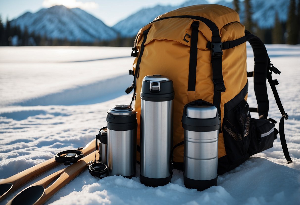 A backpack filled with insulated containers, a portable cooler, a vacuum-sealed bag, and a bear-resistant food canister sit on the snow next to a pair of cross country skis