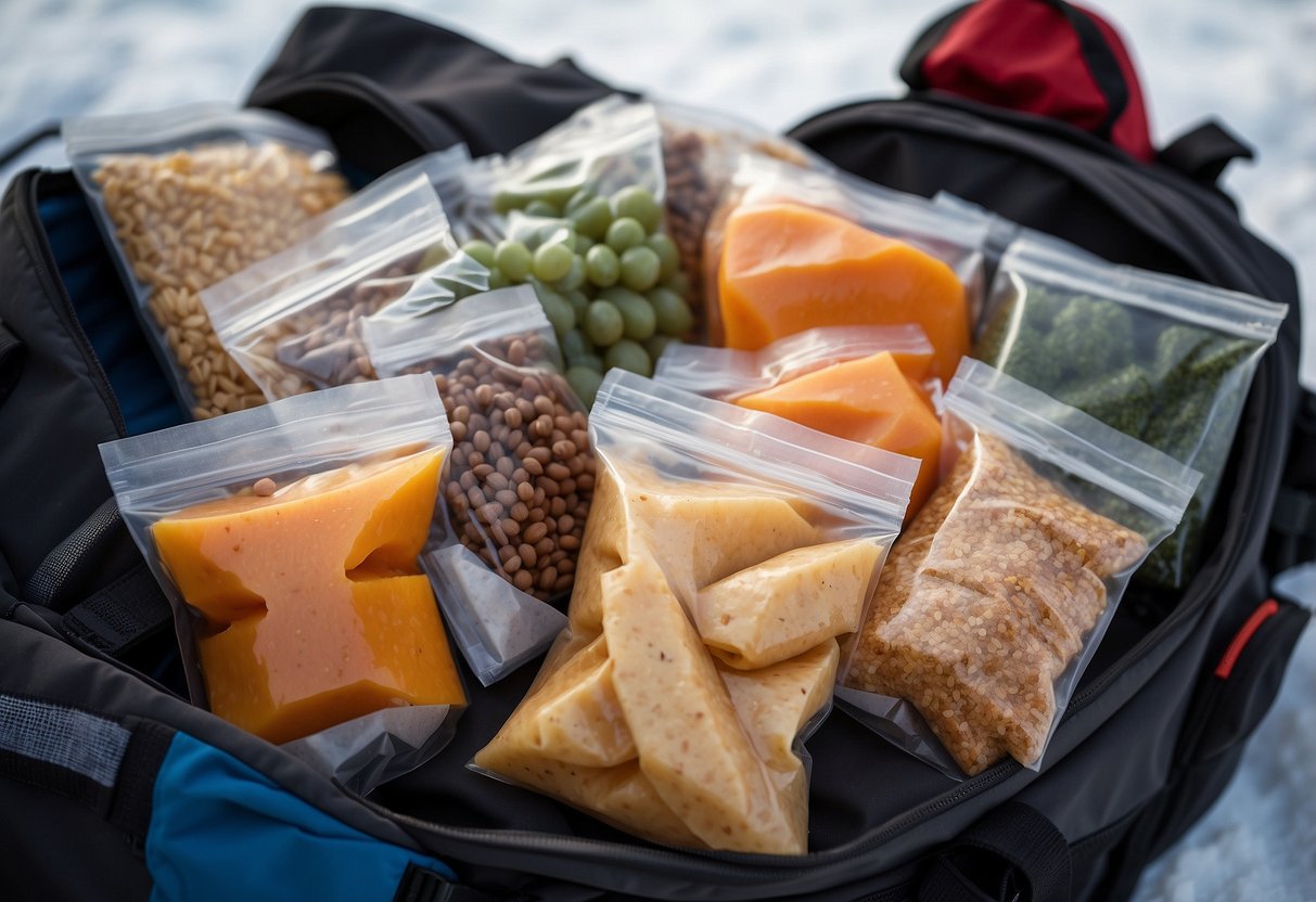 Food items neatly packed in vacuum-sealed bags, nestled in a backpack alongside insulated containers and secure straps for cross country skiing