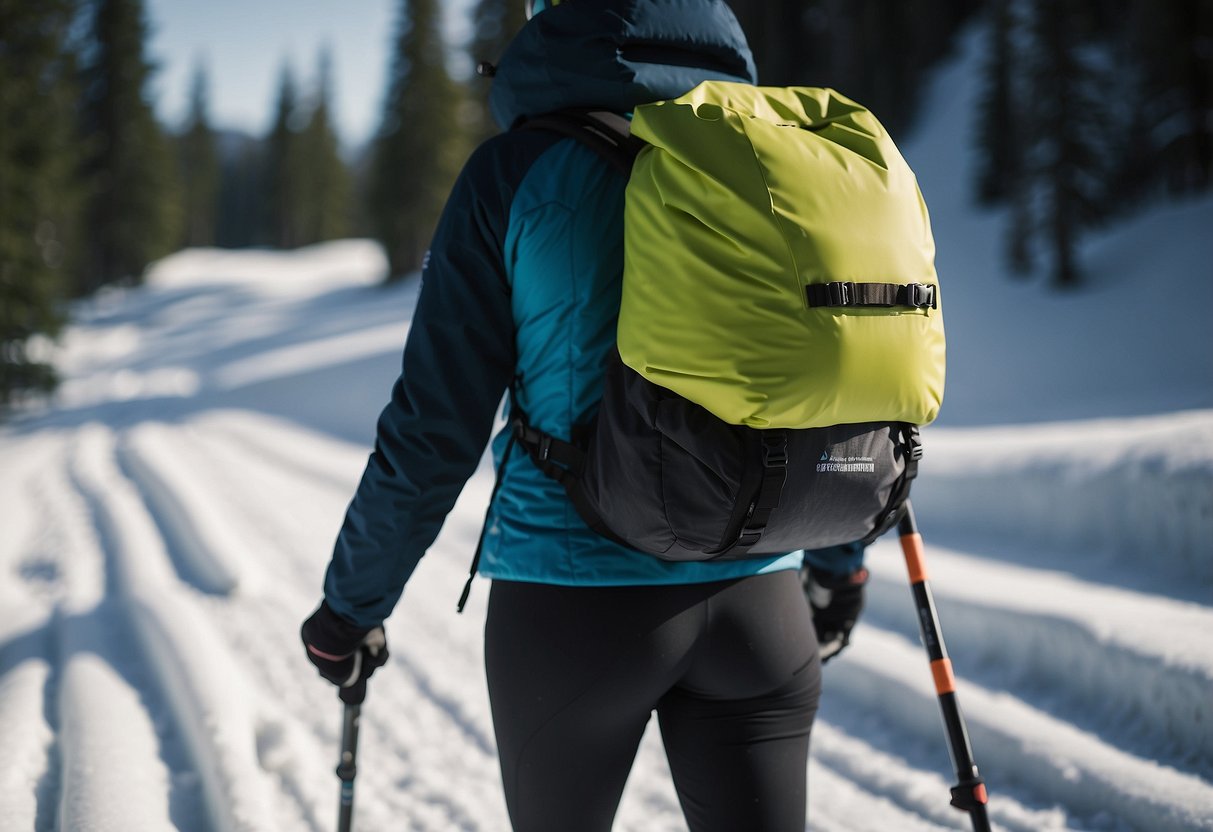 A cross country skier places reusable silicone food storage bags into a backpack, securing them tightly for a day on the snowy trails