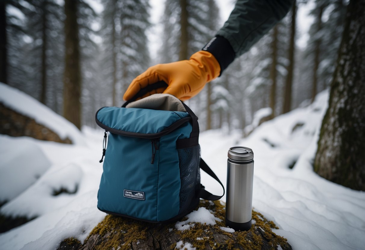 A cross country skier opens an insulated lunch bag in a snowy forest, revealing neatly packed food containers and a thermos