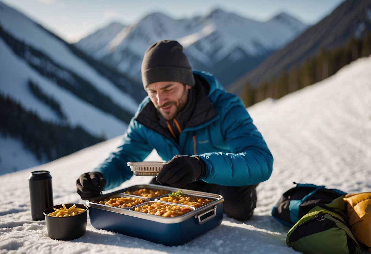 A cross country skier opens a portable food warmer to reveal neatly organized compartments storing various types of food. The warmer is securely attached to the skier's gear for easy access on the go